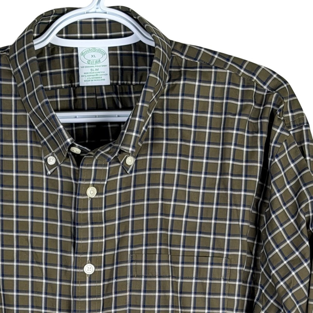 Brooks Brothers Slim Fit‎ Button Down Shirt Men XL Green Plaid Non-Iron Stretch